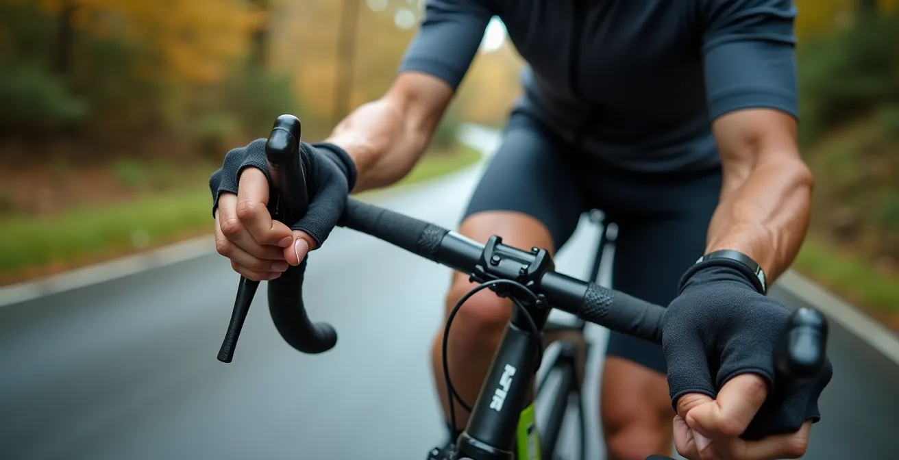 Radfahrer in meditativer Konzentration während Abfahrt