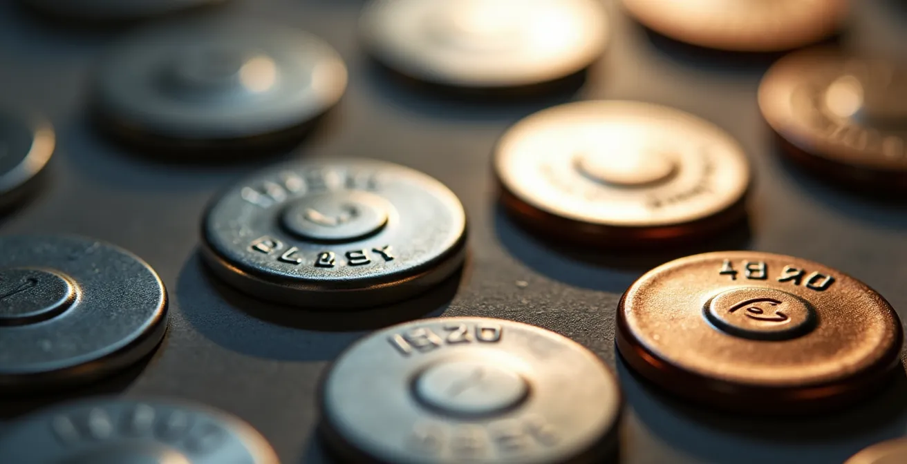 Makroaufnahme von CR2032-Batterien mit verschwommenen Trainingsgeräten im Hintergrund