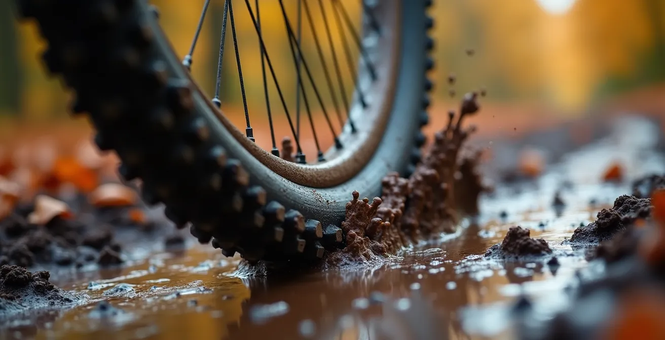 Nahaufnahme eines Cyclocross-Reifens in schlammiger Kurve