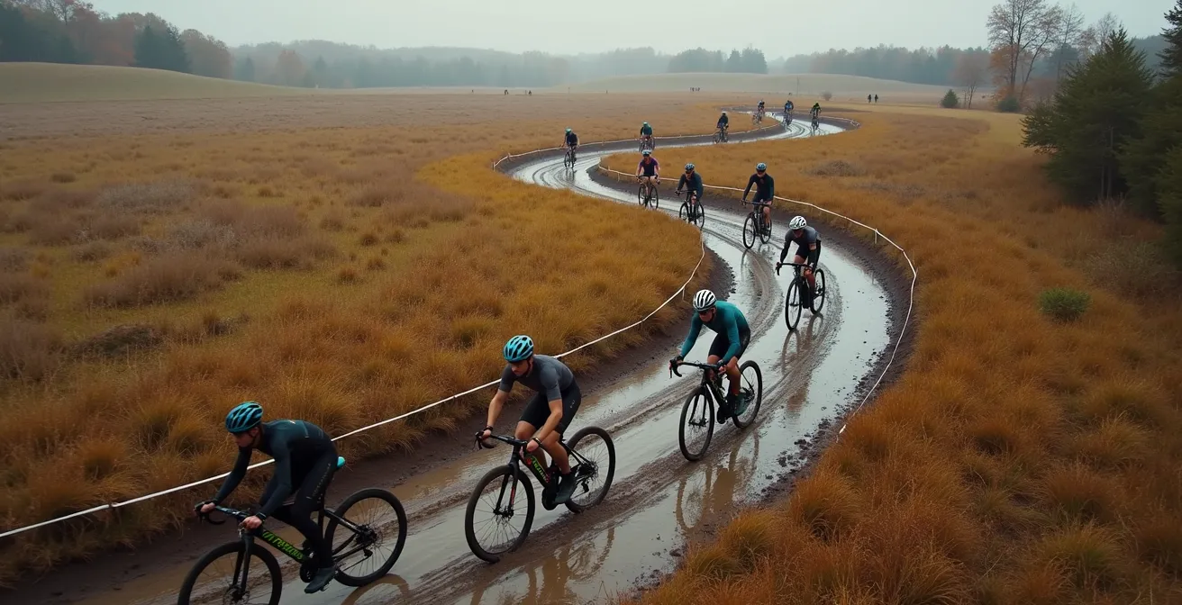 Cyclocross-Rennszene mit mehreren Fahrern im taktischen Kampf