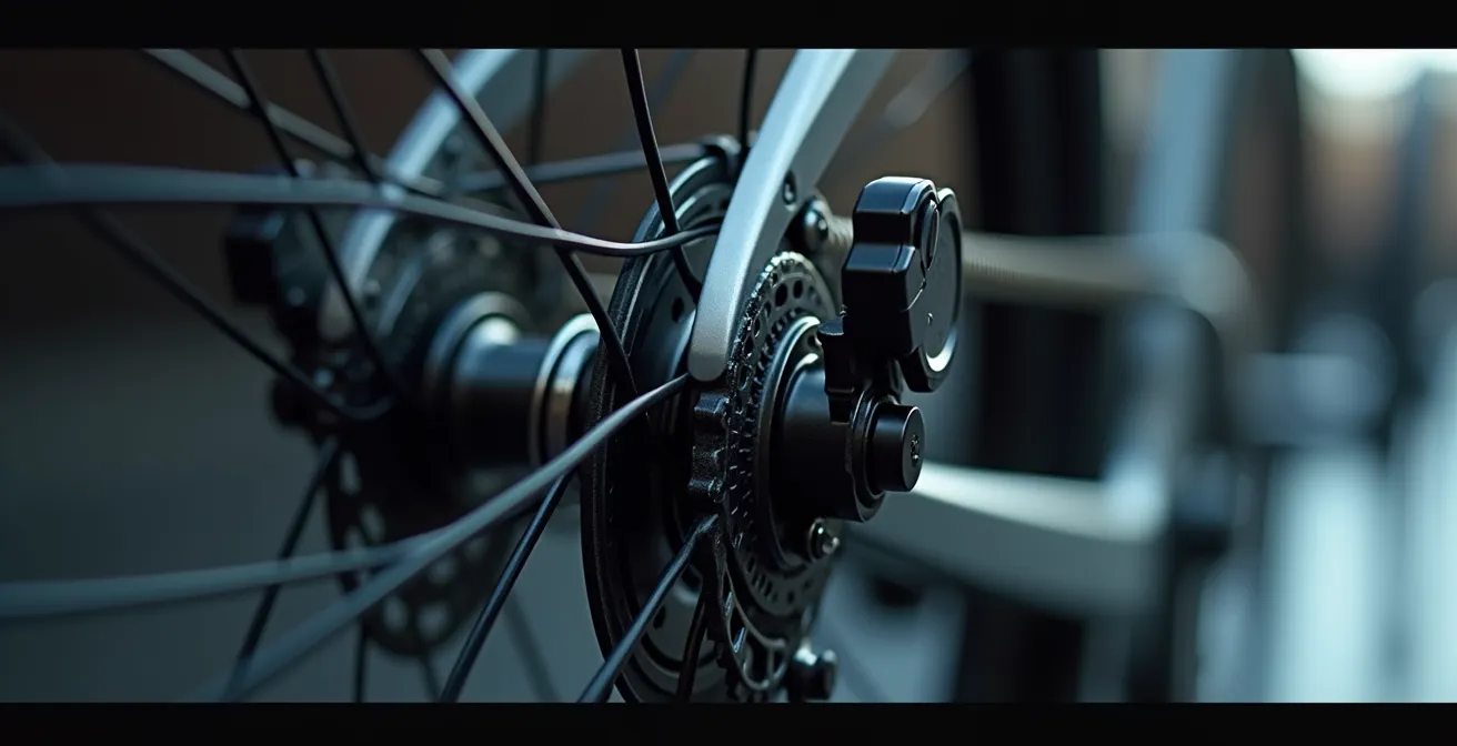 Nahaufnahme moderner elektronischer Fahrradschaltung mit unscharfem Hintergrund