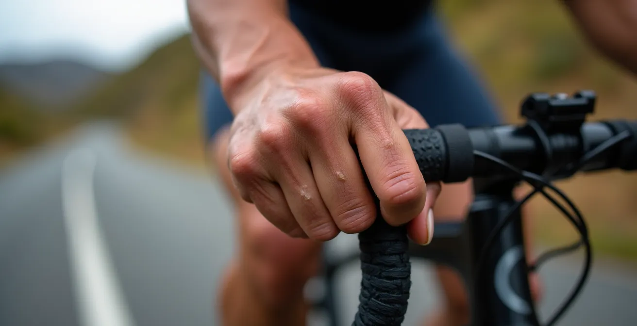 Nahaufnahme der Hände eines Radfahrers, die den Lenker umklammern und die intensive Anstrengung sowie das 'Gefühl der Stärke' visualisieren.