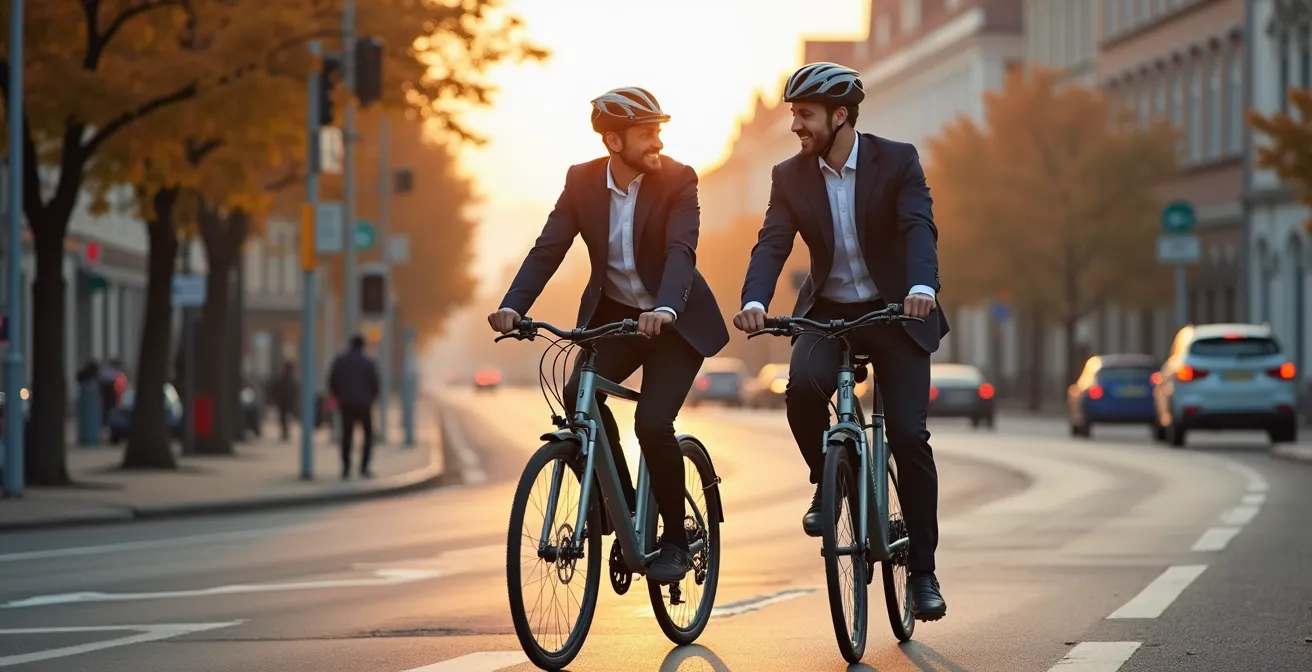 Ein Radfahrer auf einem E-Bike und einer auf einem Trekkingrad fahren nebeneinander auf einem städtischen Radweg und lächeln, was einen angenehmen Arbeitsweg suggeriert.