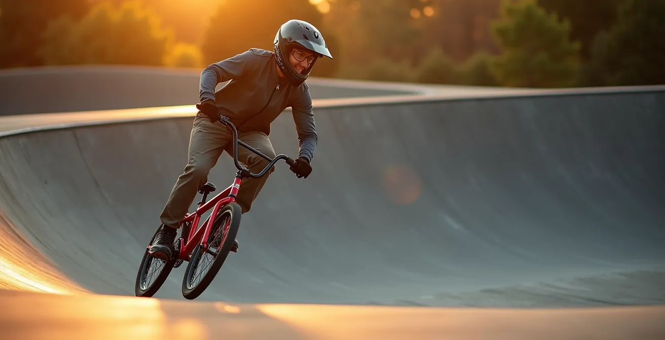 Erwachsener BMX-Anfänger mit Vollschutz auf asphaltiertem Pumptrack