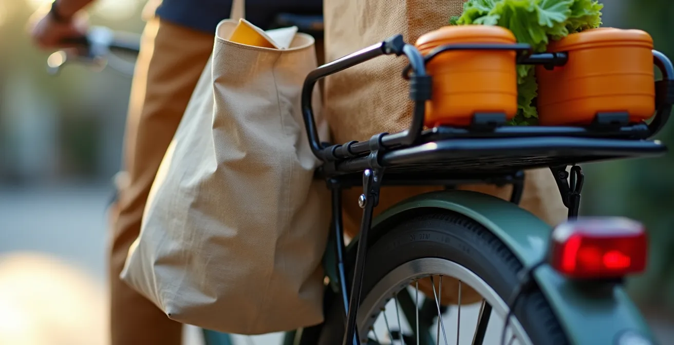 Fahrrad mit montiertem Gepäckträger und Einkaufstaschen, korrekte Lastverteilung sichtbar