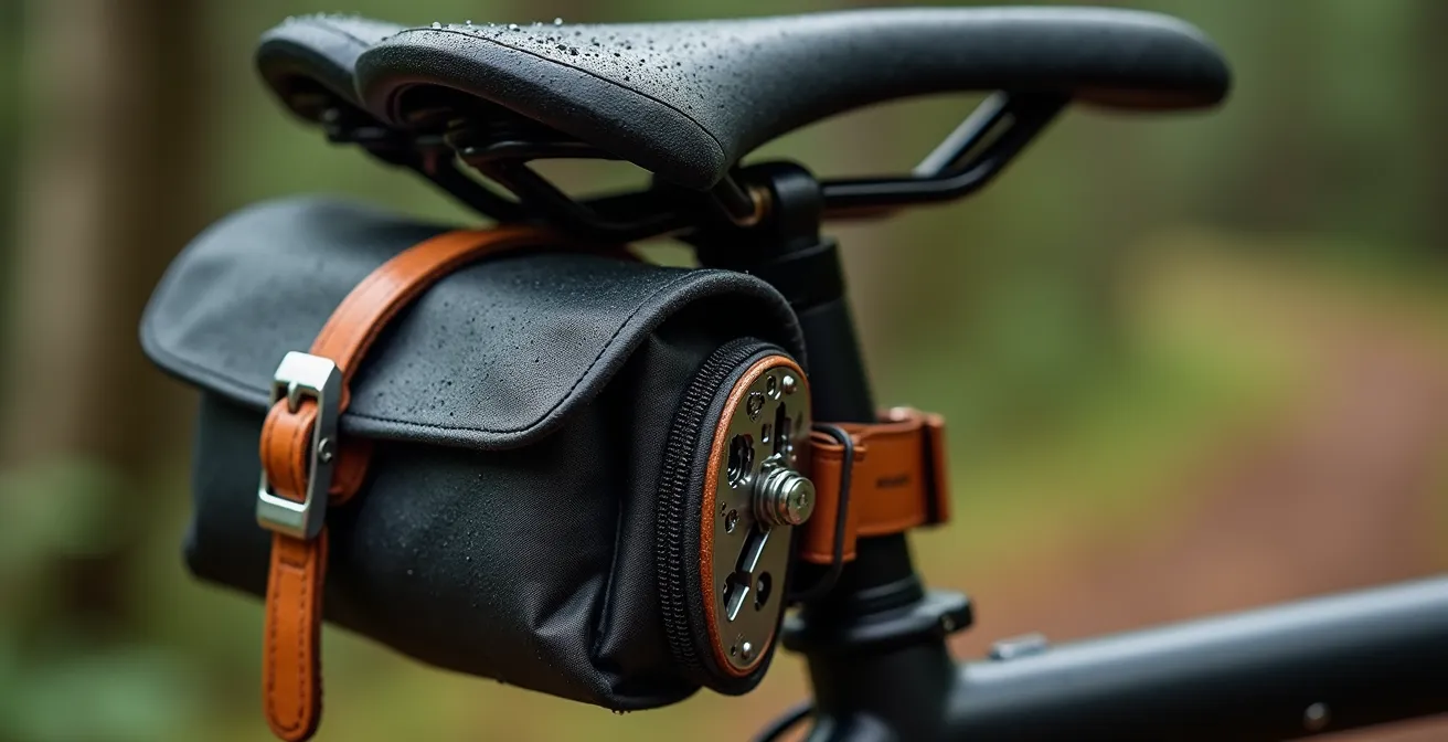 Detailaufnahme einer kleinen, wetterfesten Fahrradtasche, die für ein spontanes Wochenend-Mikroabenteuer gepackt ist.