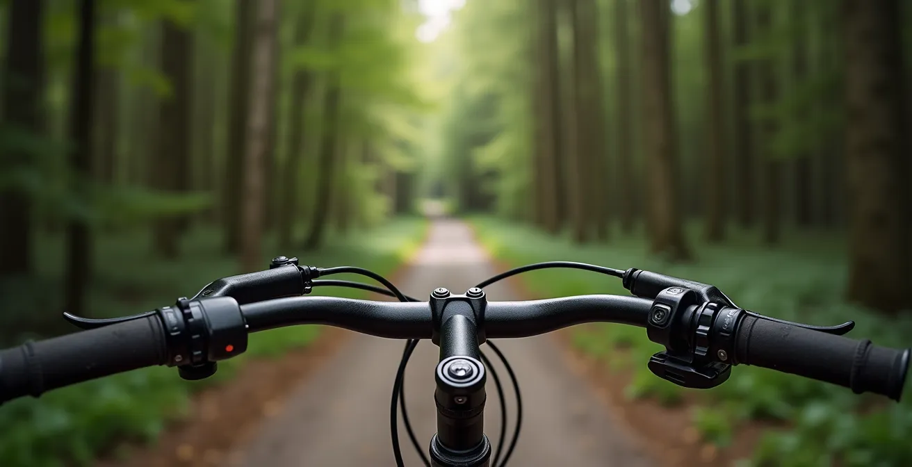 Fahrradlenker ohne Computer mit Blick auf einen friedlichen Waldweg