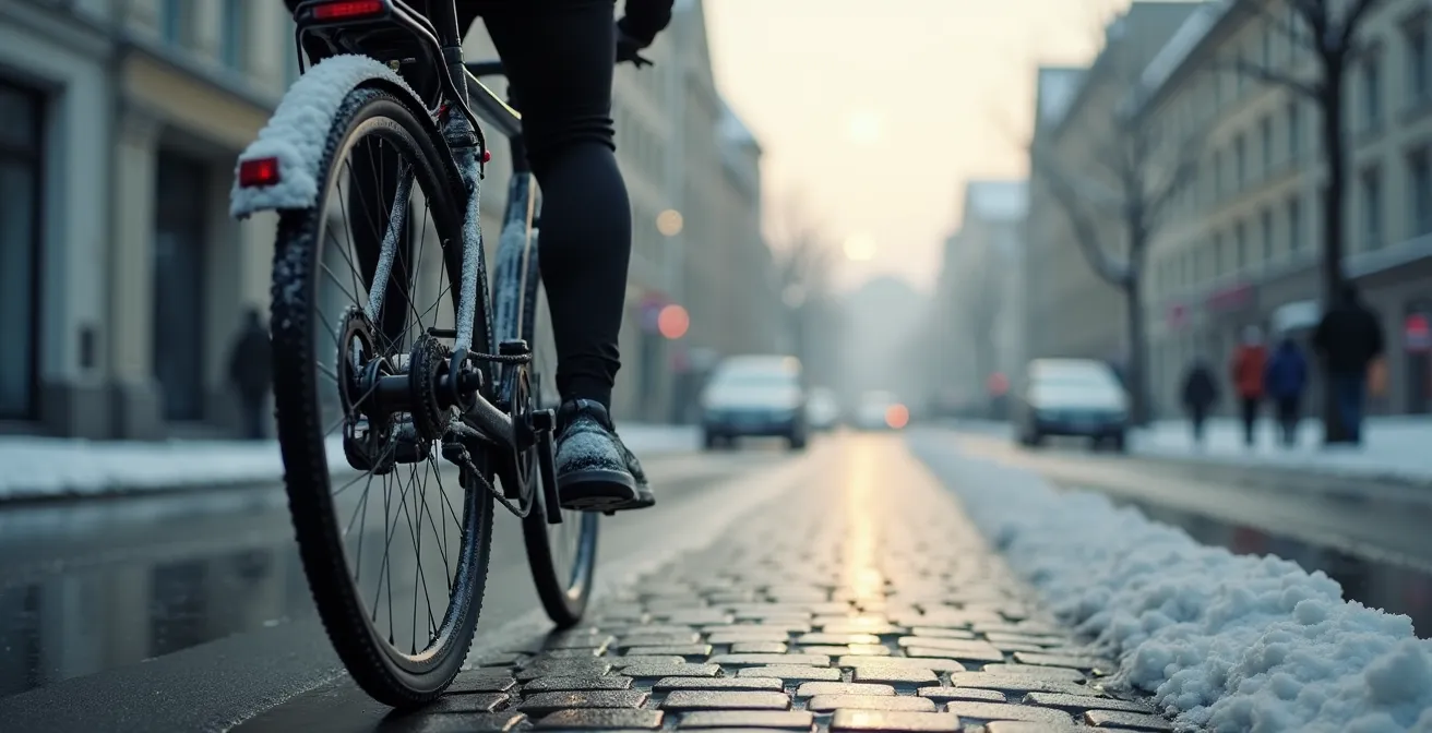 Fahrrad im winterlichen deutschen Stadtverkehr mit sichtbaren Schaltungskomponenten
