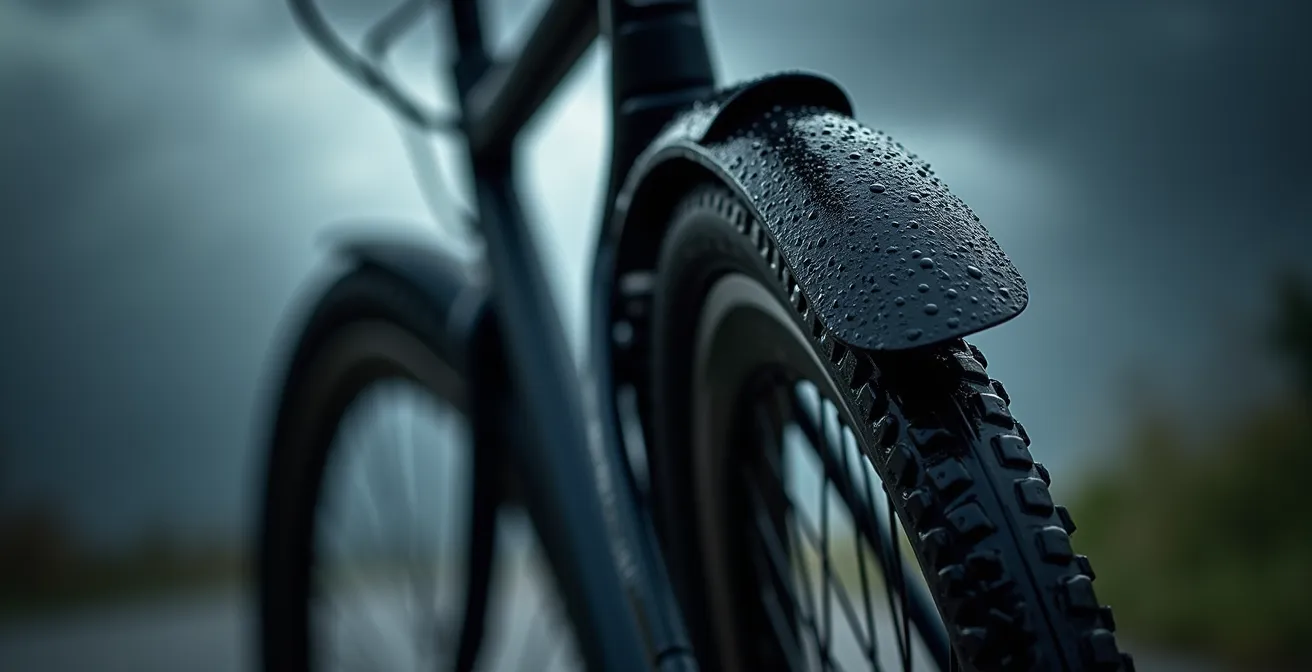 Nahaufnahme eines Fahrrads mit Schutzblechen im Regen, Wassertropfen auf Metalloberfläche