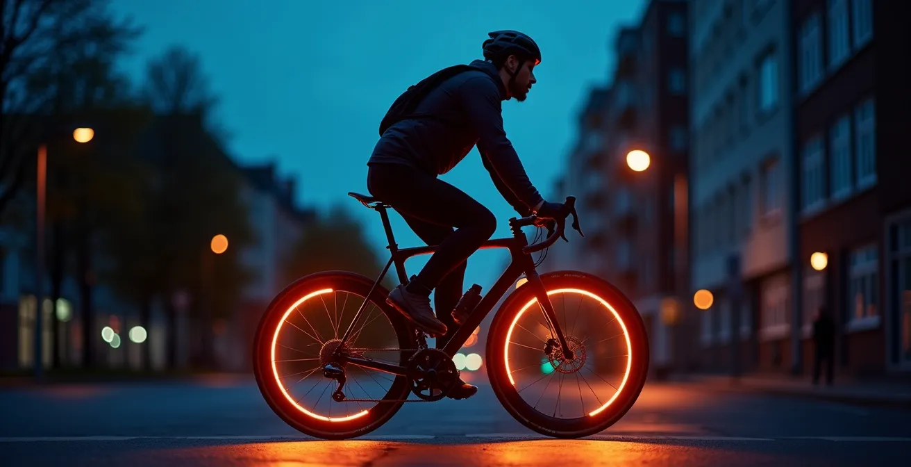 Fahrradfahrer in der Dämmerung mit leuchtenden Speichenreflektoren von der Seite