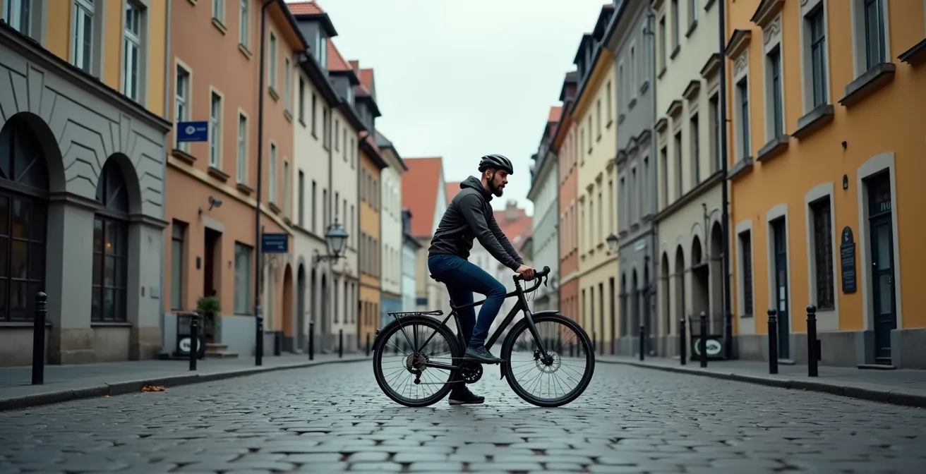 Weitwinkelaufnahme eines Radfahrers der durch historische deutsche Stadtlandschaft fährt