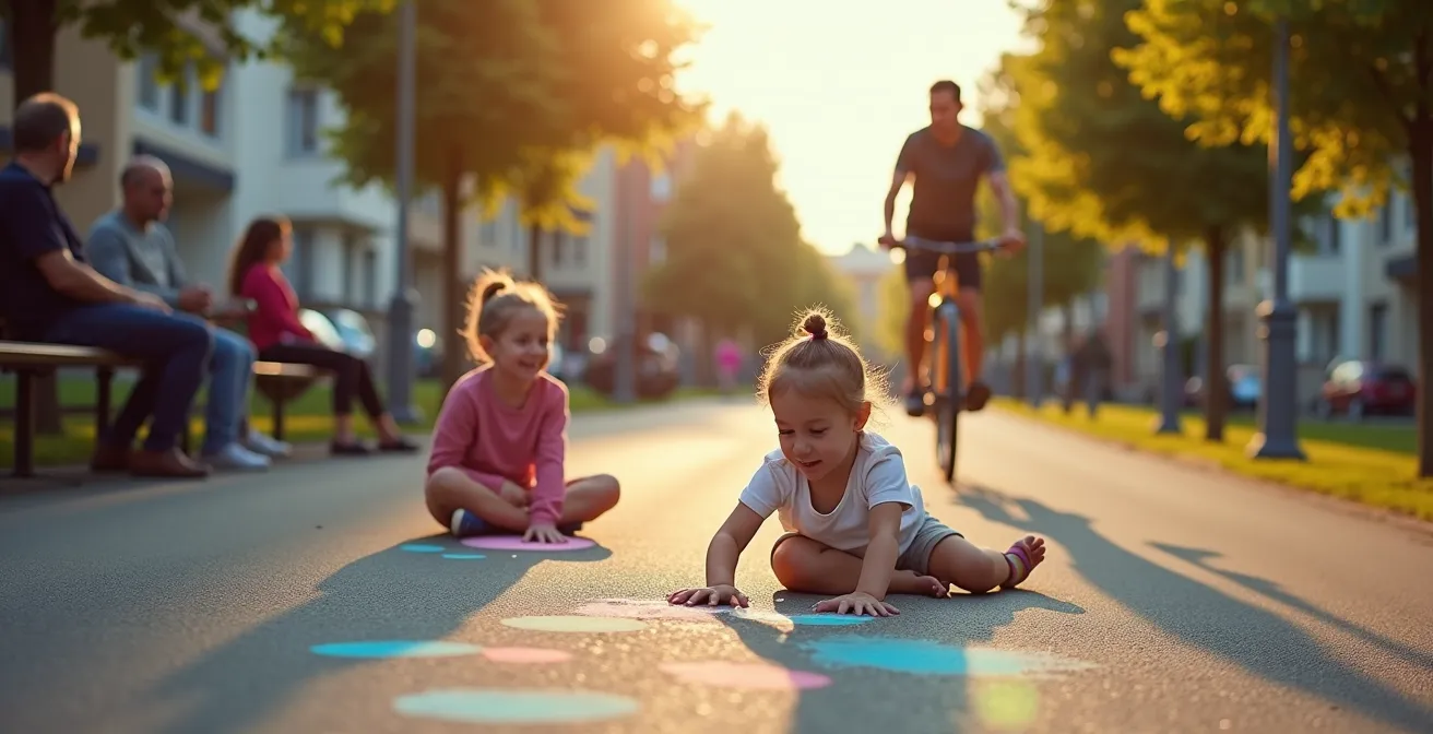 Fahrradstraße mit spielenden Kindern zeigt drastische Lärmreduzierung gegenüber Autoverkehr