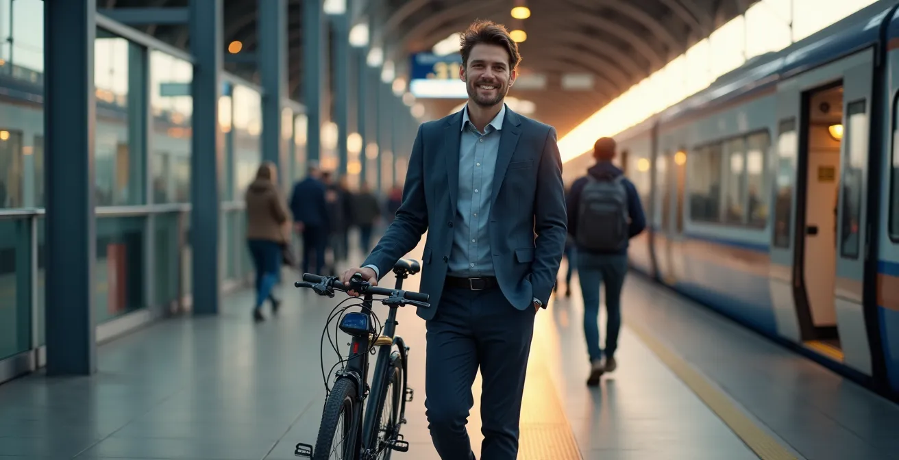 Pendler mit zusammengeklapptem Faltrad steigt entspannt in eine moderne S-Bahn in Deutschland