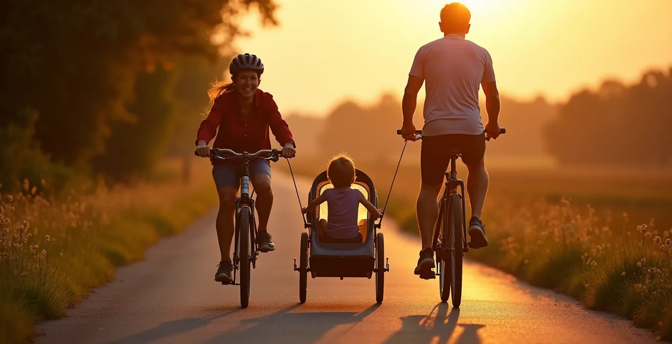Familie mit Kinderanhänger auf einem deutschen Radfernweg bei Sonnenuntergang