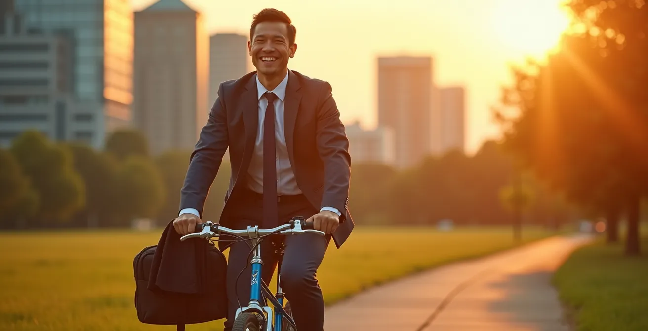 Ein Mann in Geschäftskleidung mit hochgerollten Ärmeln fährt bei Sonnenuntergang glücklich auf seinem Fahrrad durch einen Park.