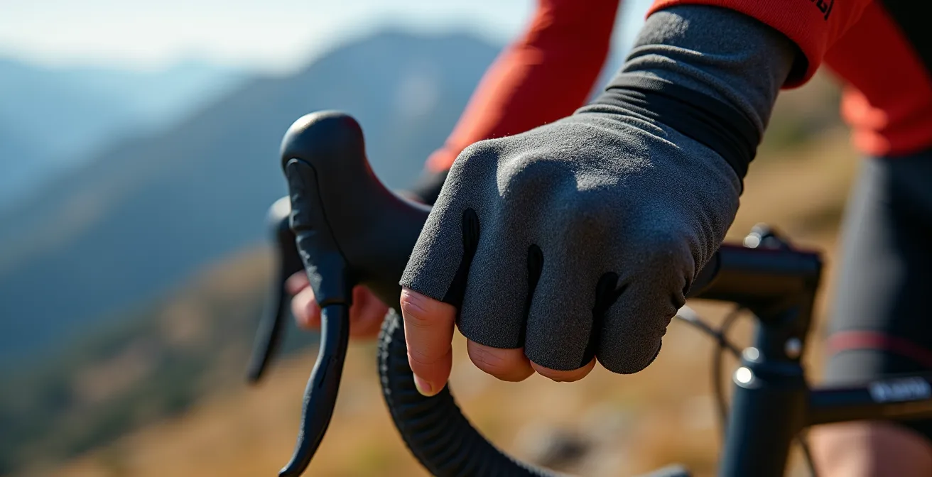 Radfahrer feiert Gipfelerfolg mit symbolischem Moment der Selbsterkenntnis