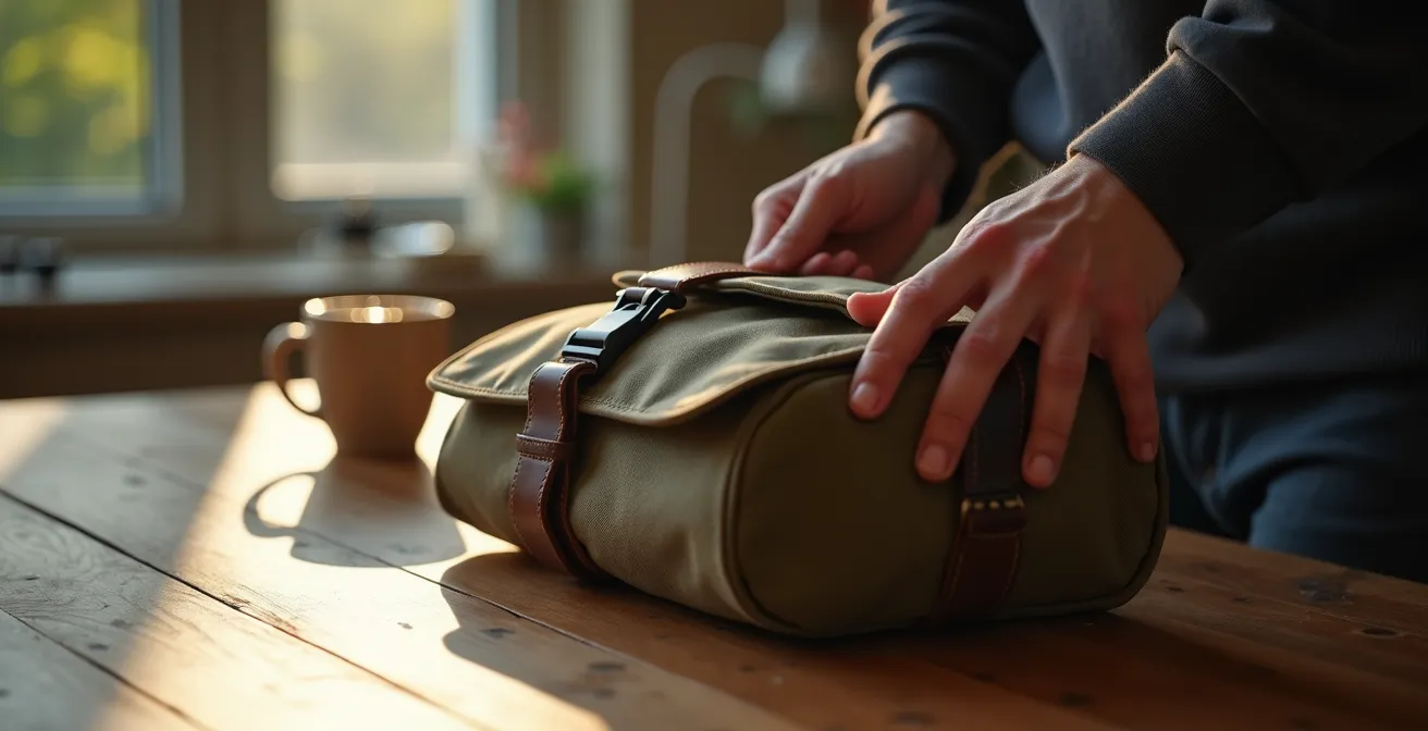 Detailaufnahme von Händen die eine Fahrradtasche am Küchentisch vorbereiten