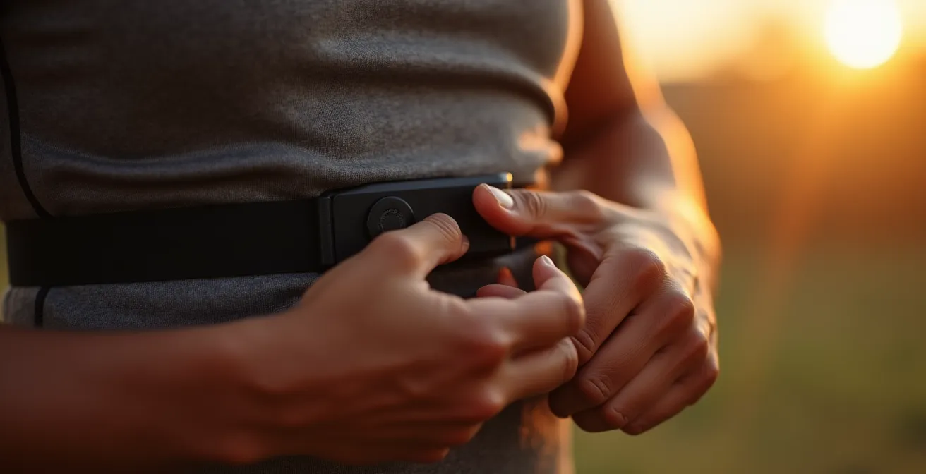 Nahaufnahme von Händen mit Brustgurt und Smartwatch bei der morgendlichen HRV-Messung