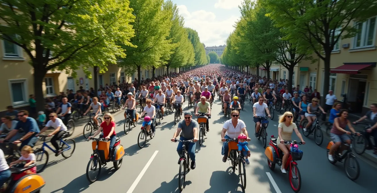 Familien mit Kindern und bunten Lastenrädern bei einer Kidical Mass Demonstration