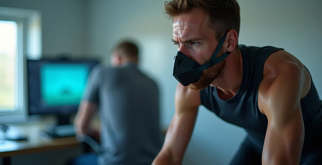 Radfahrer bei professioneller Leistungsdiagnostik auf Ergometer mit Atemmaske in deutschem Sportinstitut
