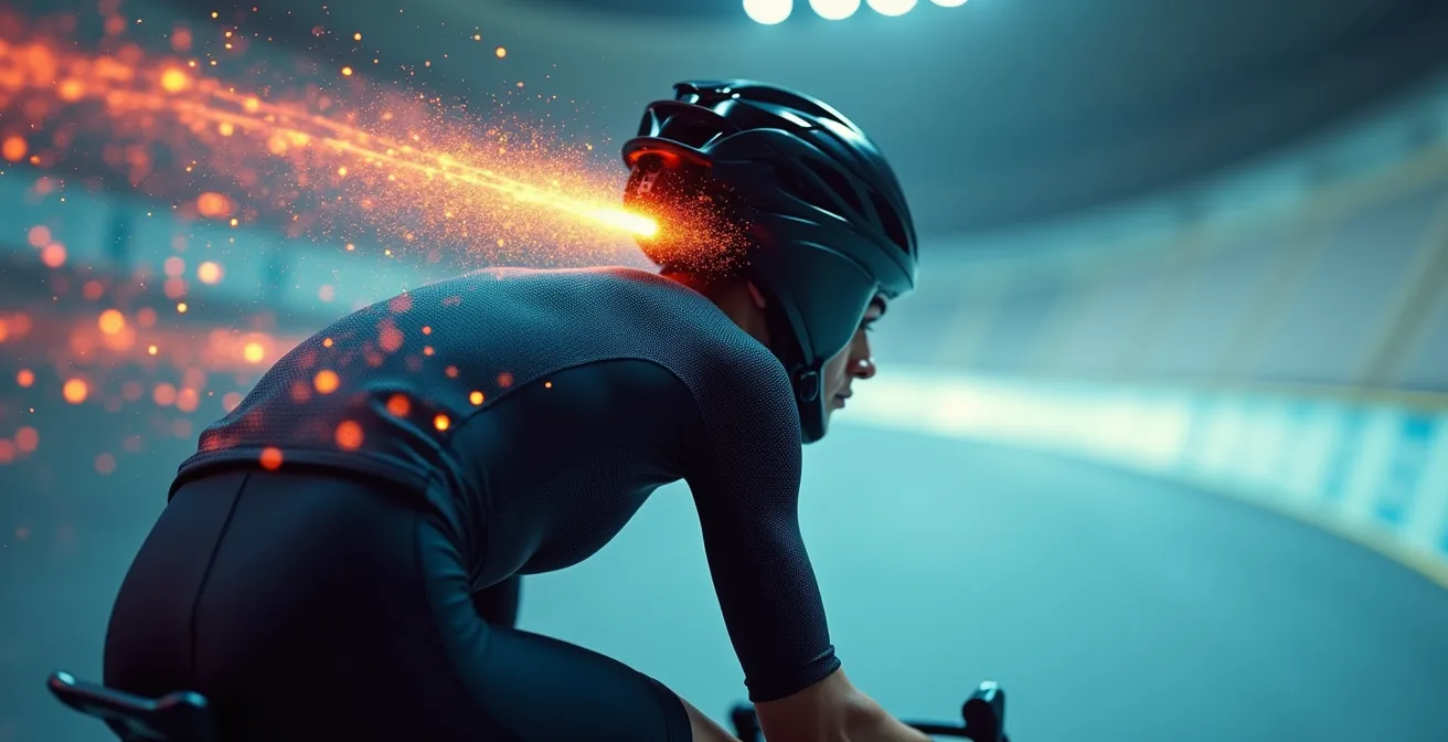 Visualisierung der laminaren Luftströmung um einen Bahnradfahrer im Velodrom