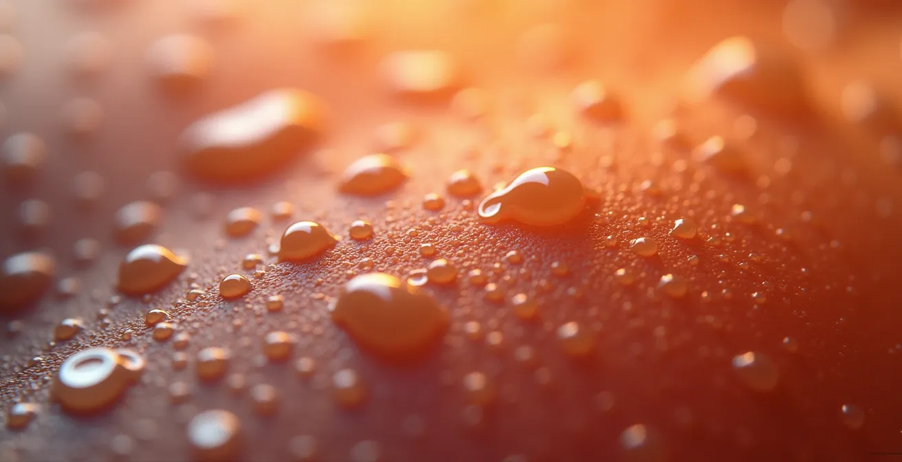 Extreme Nahaufnahme von Muskelfasern mit Wassertropfen, die den Regenerationsprozess symbolisieren