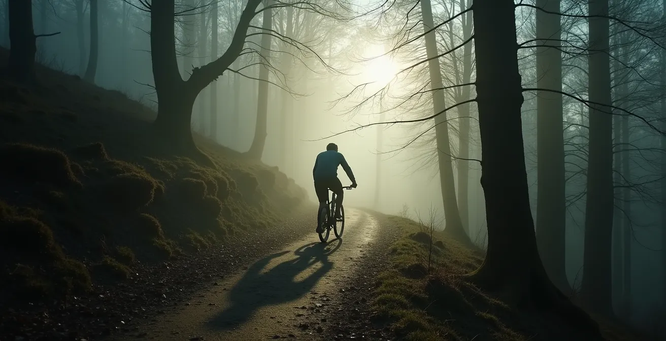Ein Radfahrer schiebt entschlossen sein Fahrrad einen steilen Waldweg hinauf, als Metapher für die Überwindung mentaler Barrieren.