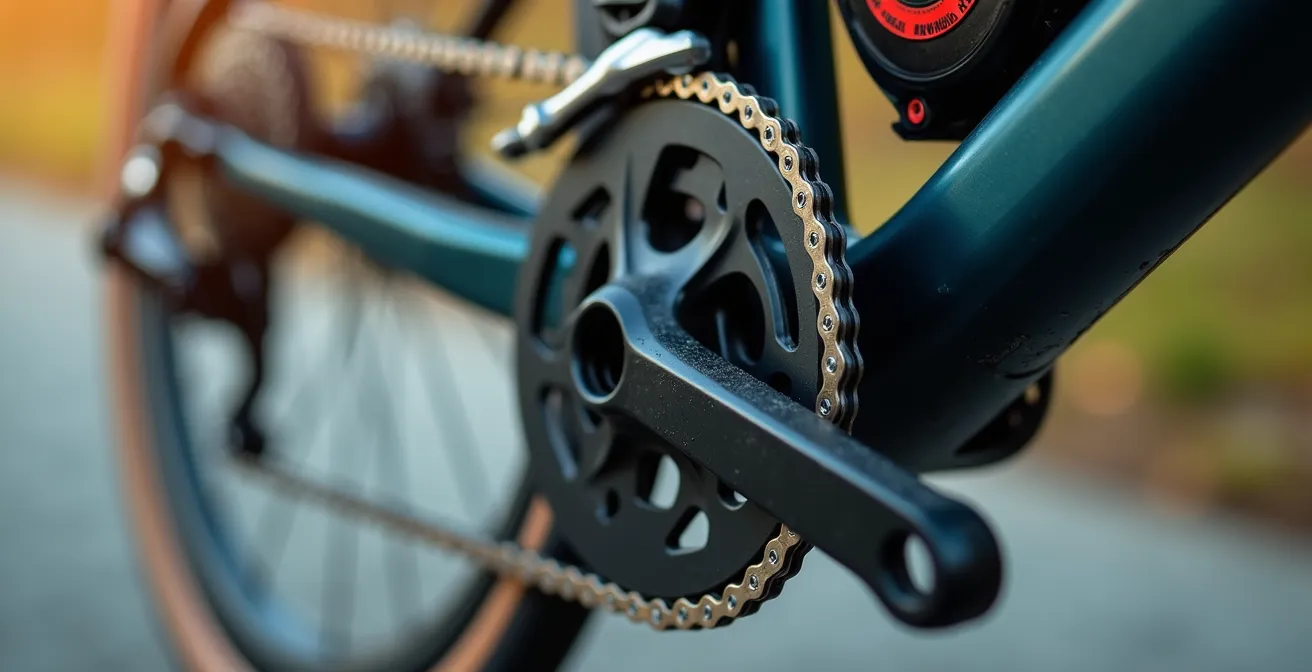 Nahaufnahme von Fahrradkette und Schaltwerk während intensiver Fahrt