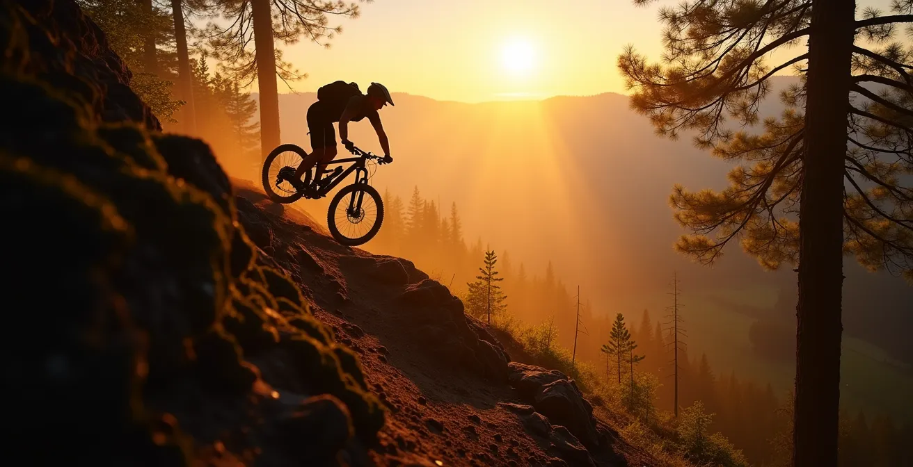 Mountainbiker überwindet steilen technischen Anstieg im heimischen Wald bei Sonnenaufgang