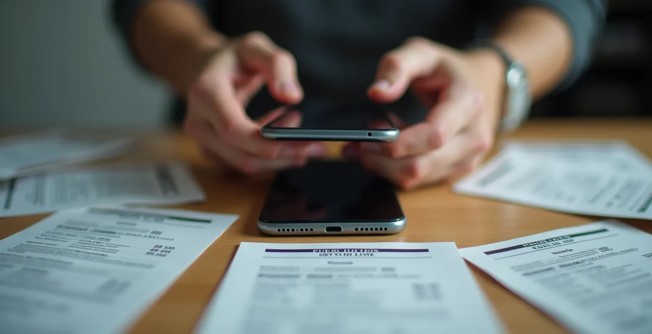Eine Person hält ein Smartphone mit einer Kostentracking-App in der Hand, umgeben von Tankbelegen auf einem minimalistischen Schreibtisch.