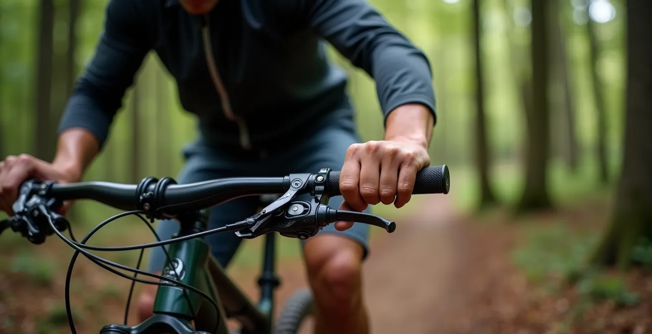 Mountainbiker übt Bremsmodulation auf Waldweg mit sichtbarer Körperposition