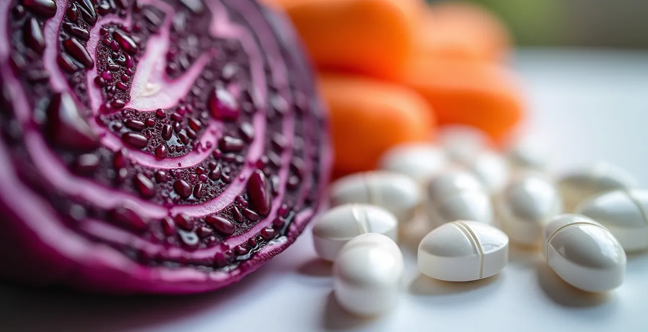 Makroaufnahme, die die Textur von frischem Gemüse neben glatten, weißen Supplement-Kapseln kontrastiert.