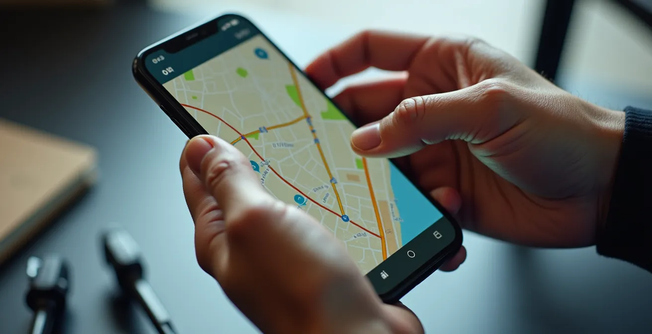 Detailaufnahme einer Hand mit Smartphone zeigt Google Maps Timeline für Fahrradrouten-Analyse