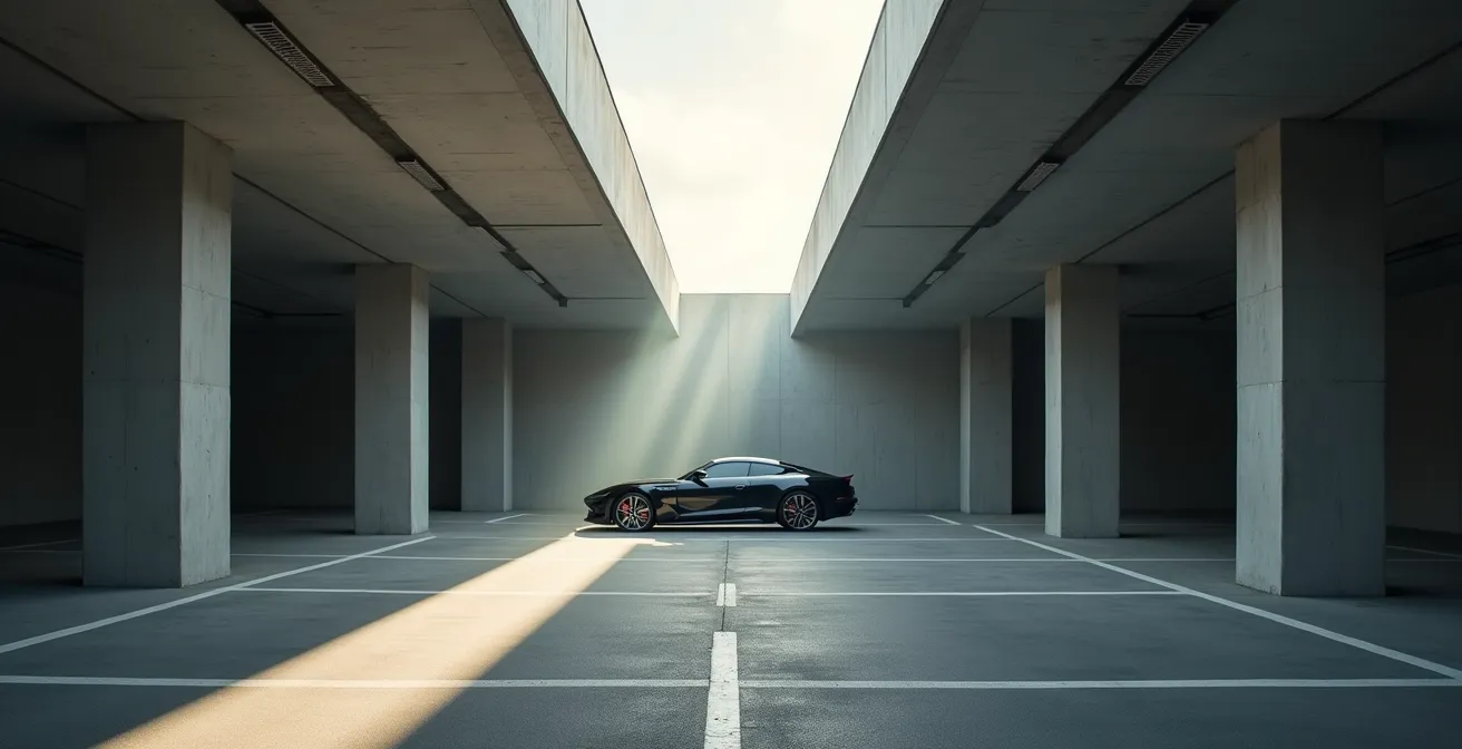 Ein einzelnes teures Auto steht verlassen in einer großen, leeren Tiefgarage aus Beton, was die gebundenen Opportunitätskosten symbolisiert.