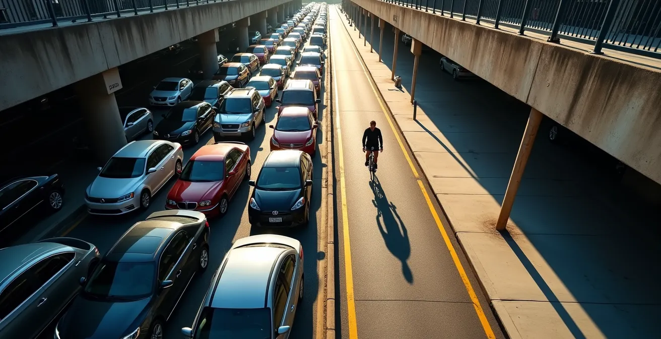 Symbolischer Kontrast zwischen einem verstopften Parkplatz voller Autos und einem leeren, freien Radweg daneben.