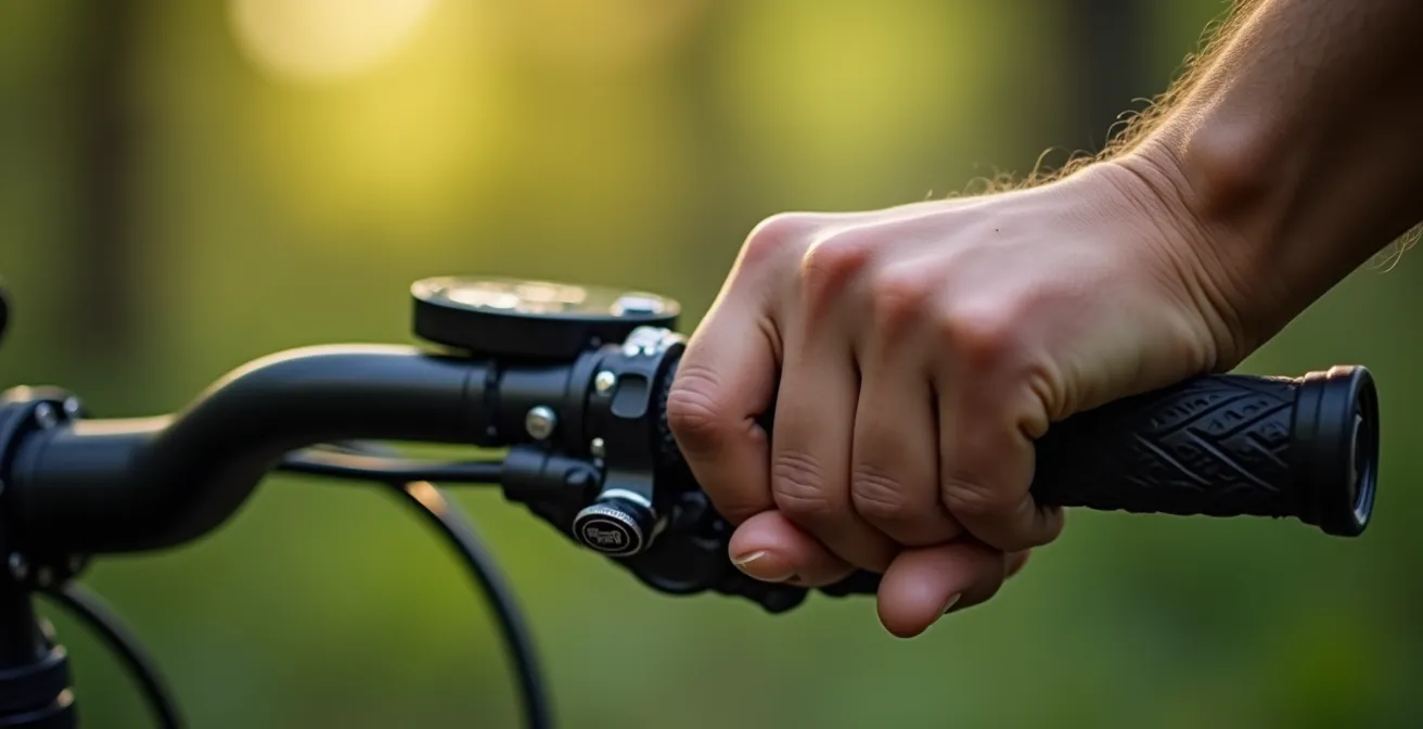 Nahaufnahme von Händen am Fahrradlenker mit Fokus auf entspannte Griffhaltung