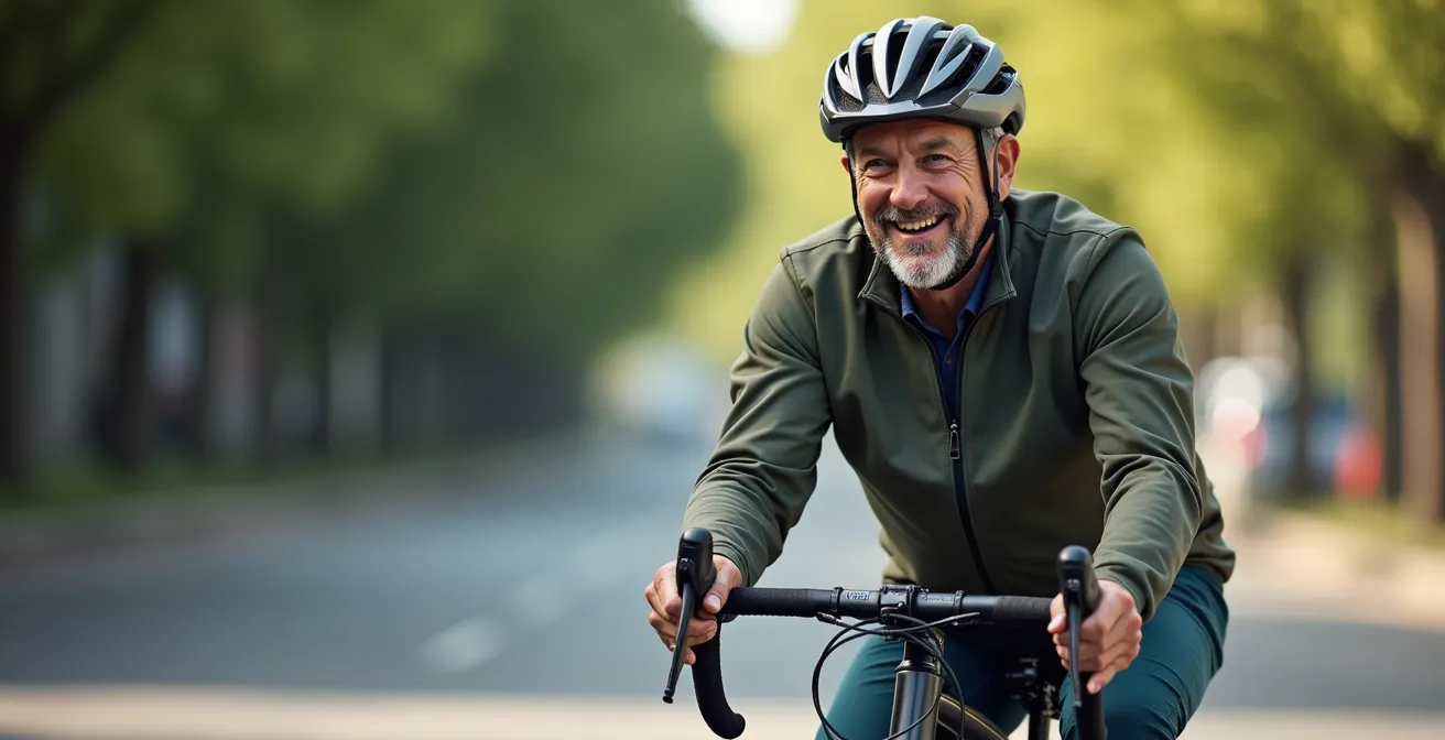 E-Bike-Fahrer in entspannter Haltung auf städtischer Fahrradstraße