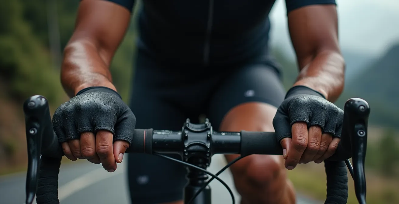 Nahaufnahme erschöpfter Radfahrer stützt sich auf Lenker