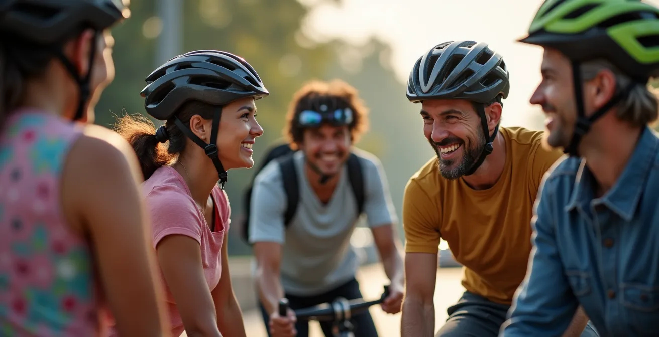 Diverse Radfahrergruppe wartet an roter Ampel und unterhält sich freundlich