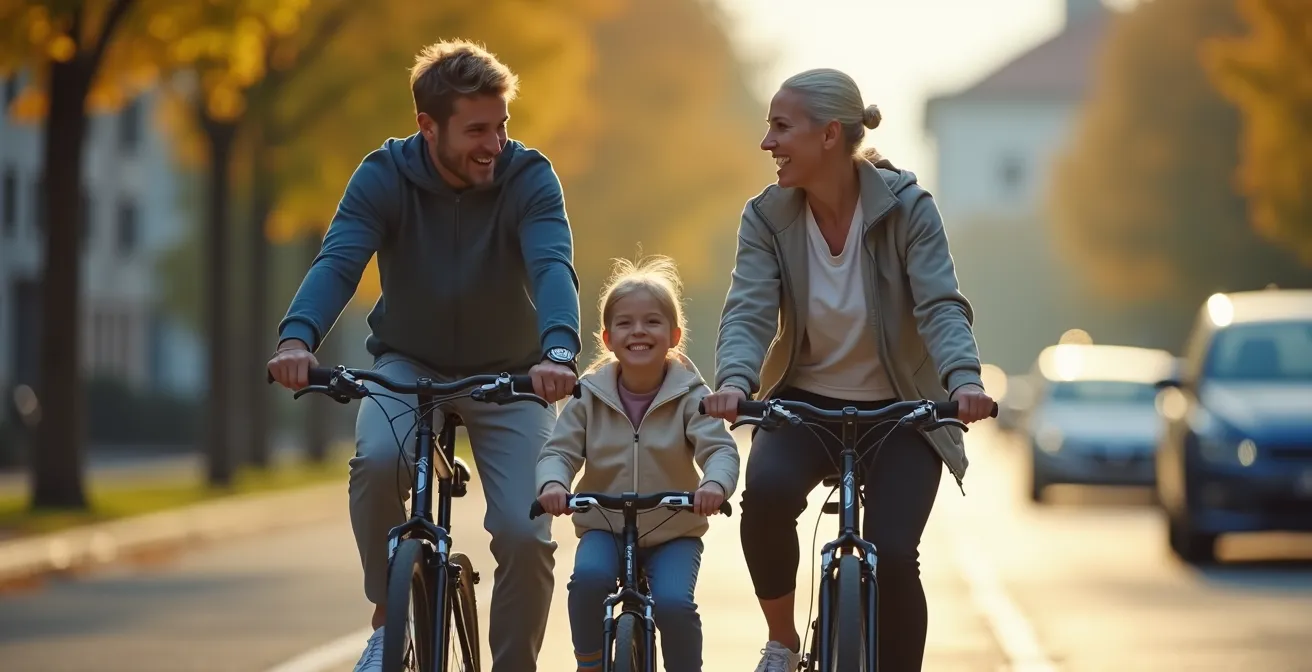 Gruppe von Radfahrern verschiedenen Alters fahrt sicher auf breitem Radweg in deutscher Stadt