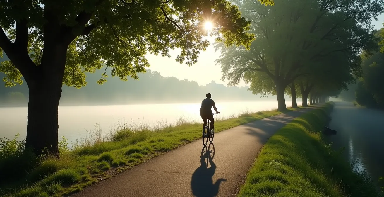 Radfahrer auf grünem Radweg entlang der Isar in München mit Bäumen und Wasser