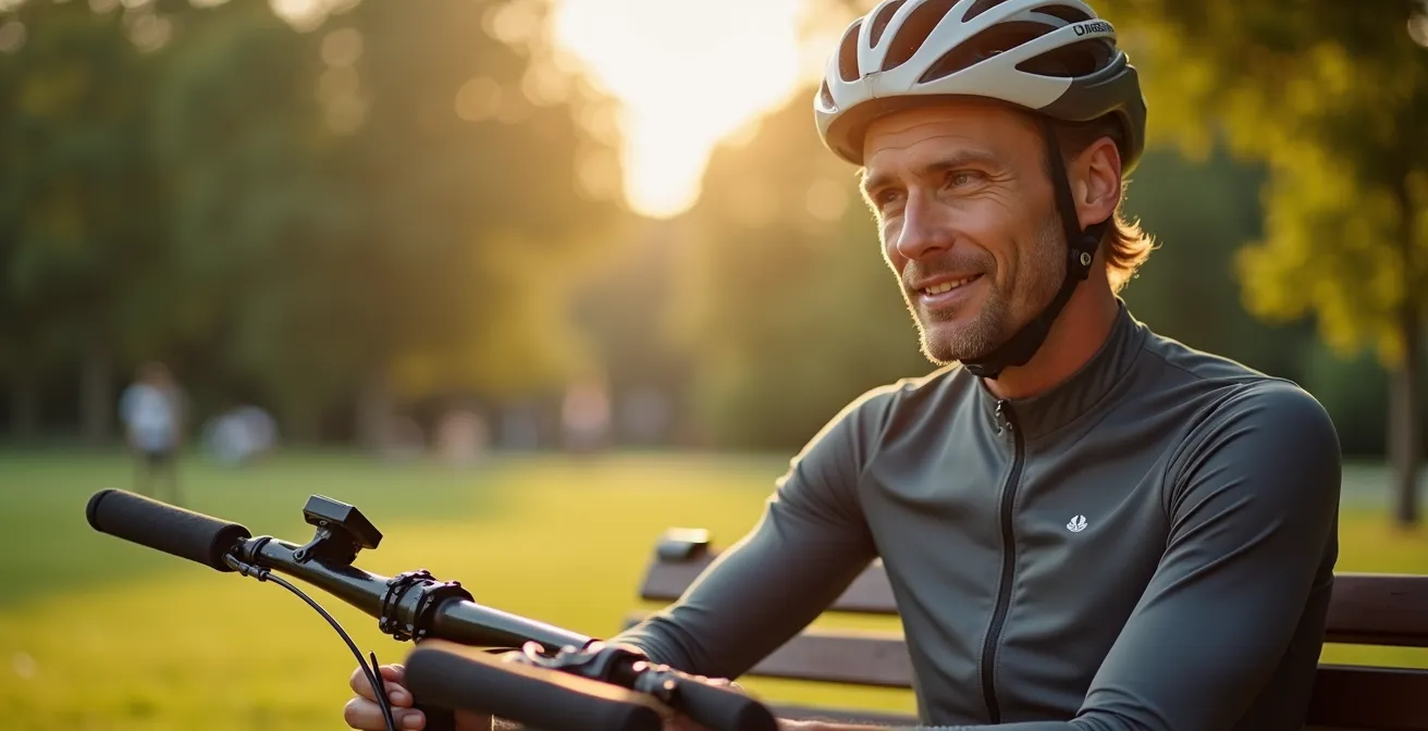 Radfahrer entspannt auf einer Bank sitzend mit Fahrrad angelehnt in deutscher Parklandschaft