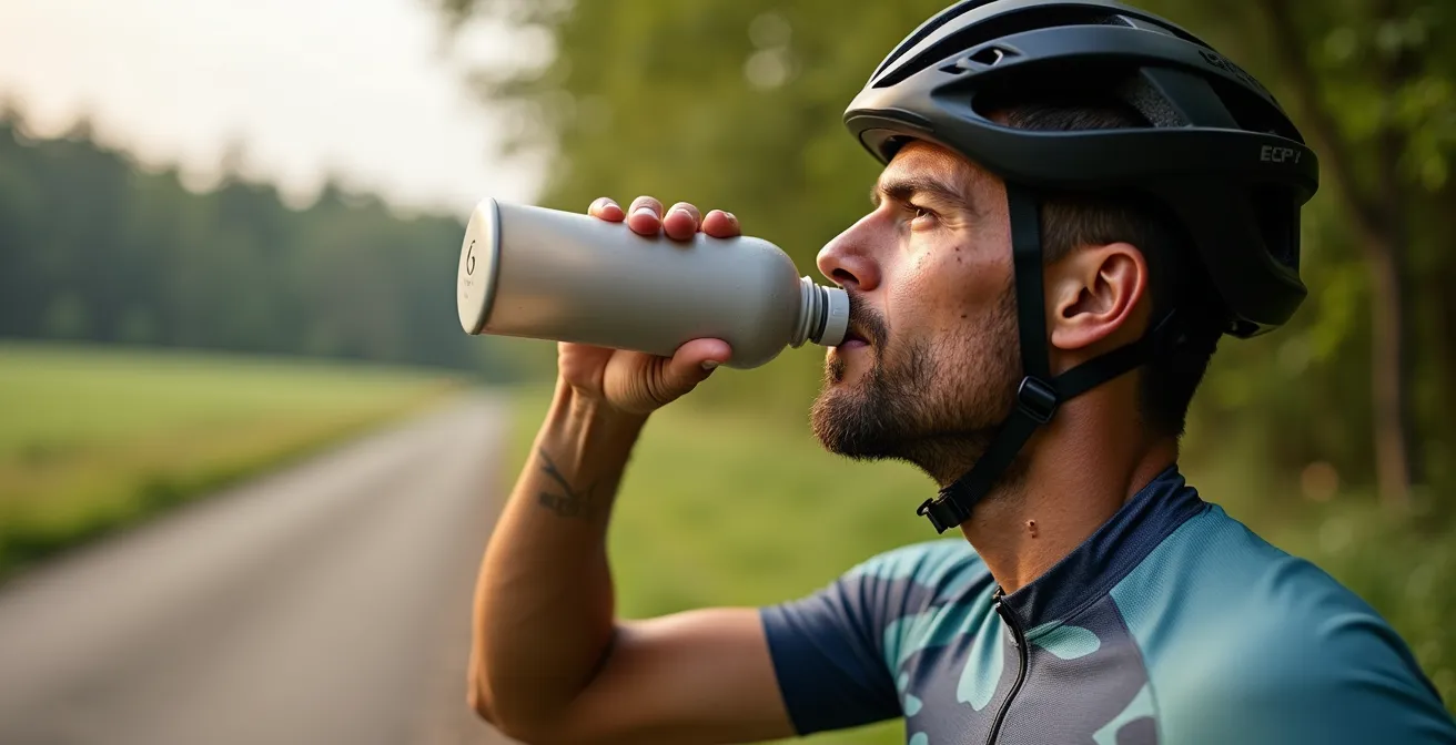 Radfahrer macht Trinkpause während einer Tour durch deutsche Landschaft