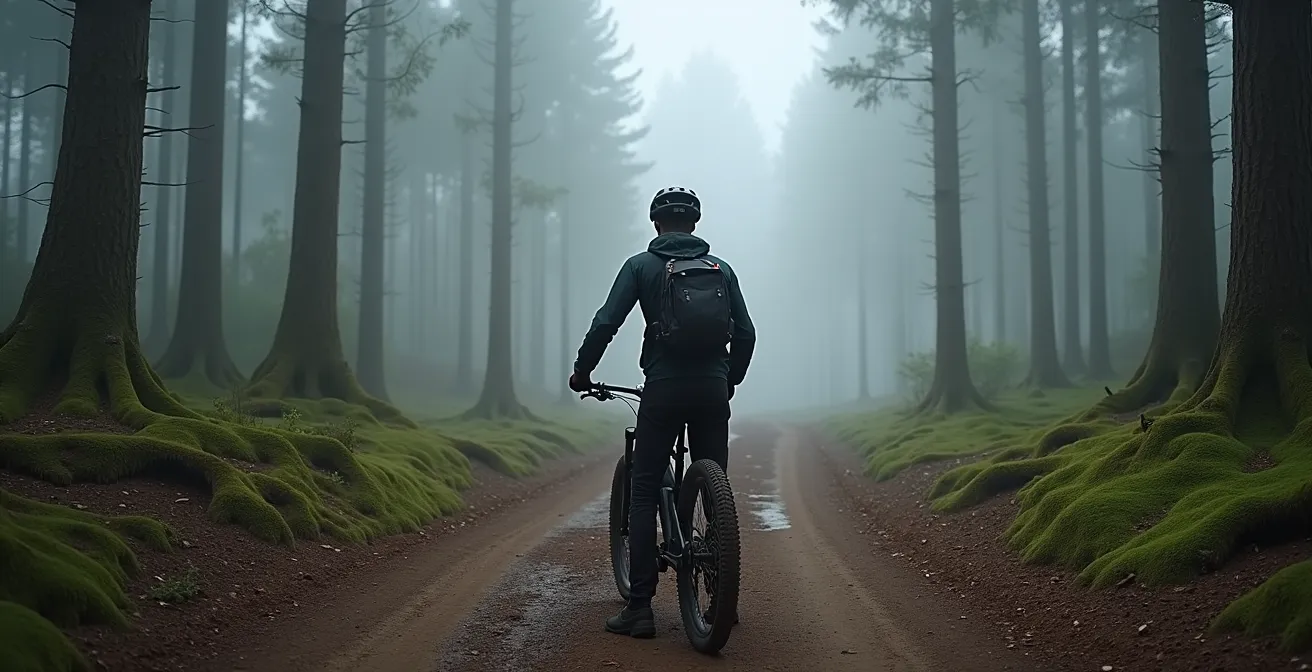 Radfahrer an einer mystischen Waldkreuzung ohne Wegweiser in Deutschland, der über seine nächste Route nachdenkt.