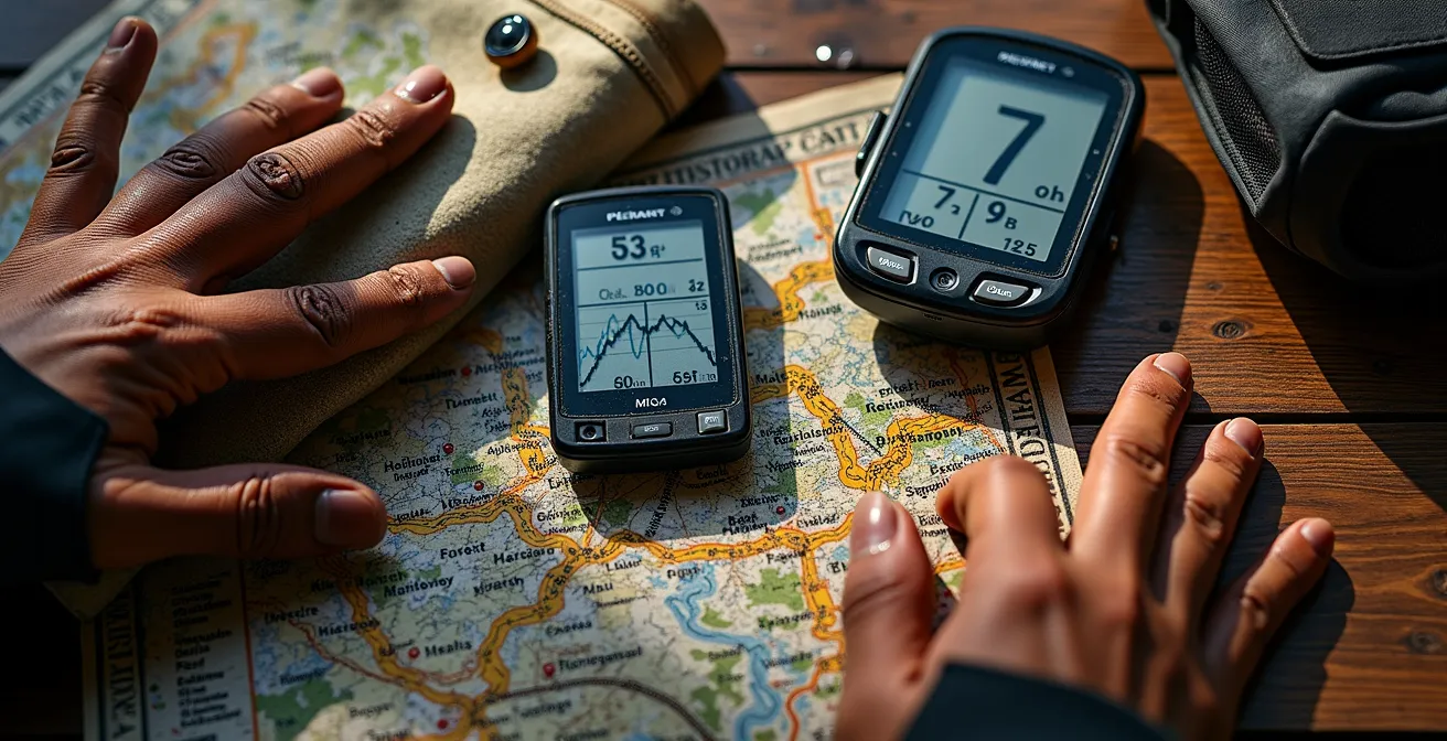 Detailaufnahme von Radausrüstung und Planungsmaterialien auf Holztisch