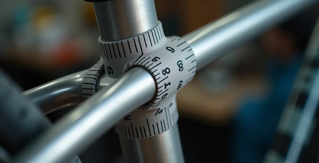 Makroaufnahme von Fahrradgeometrie-Messung mit professionellem Maßband