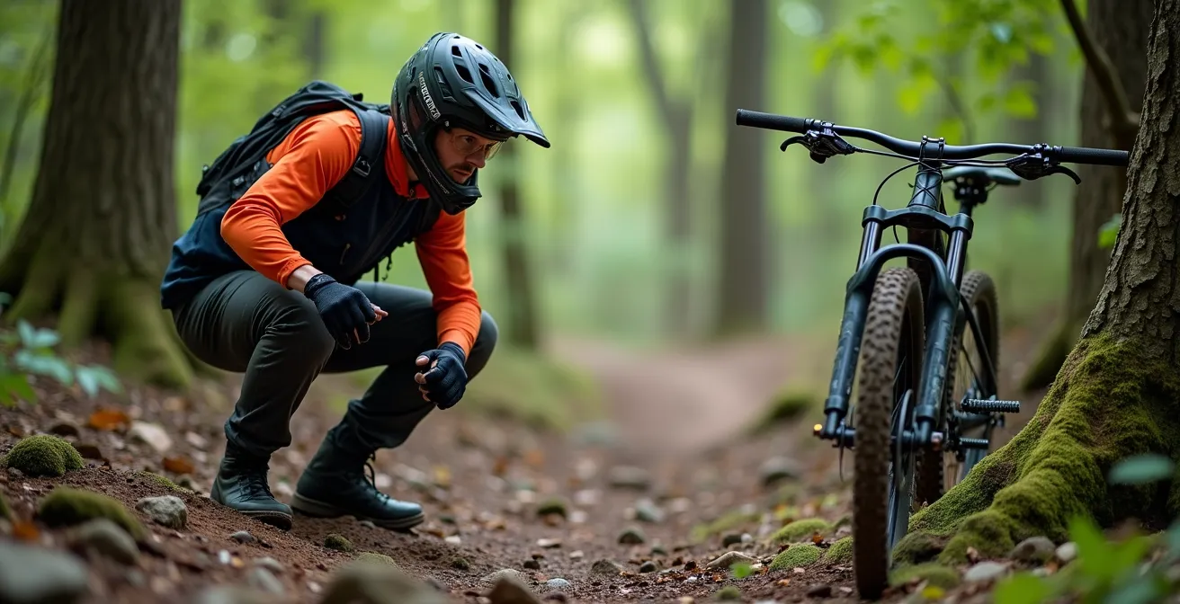 Mountainbiker analysiert zu Fuß technische Steinsektion vor der Abfahrt