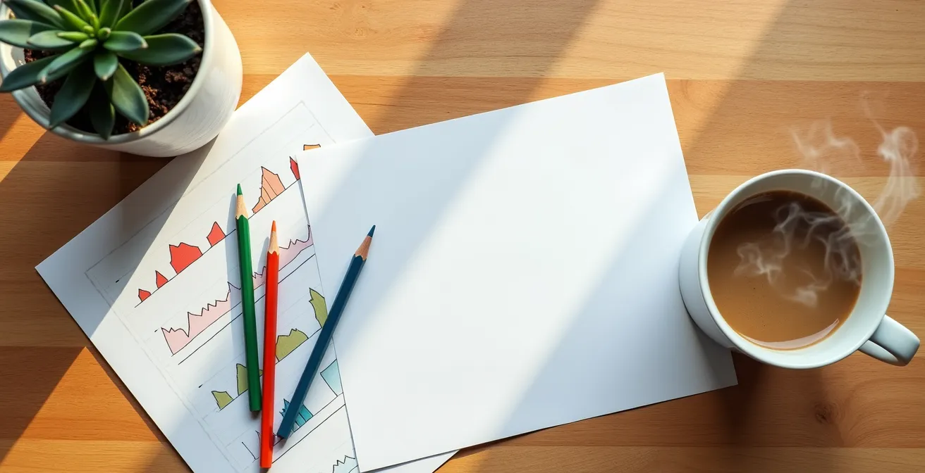 Schreibtisch mit Trainingsnotizen, Kaffeetasse und Stift bei der Wochenplanung