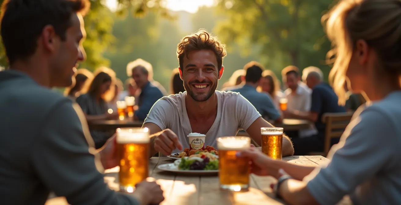 Einsamer Sportler sitzt bei einer deutschen Grillparty mit eigenem Essen abseits und wirkt nachdenklich.