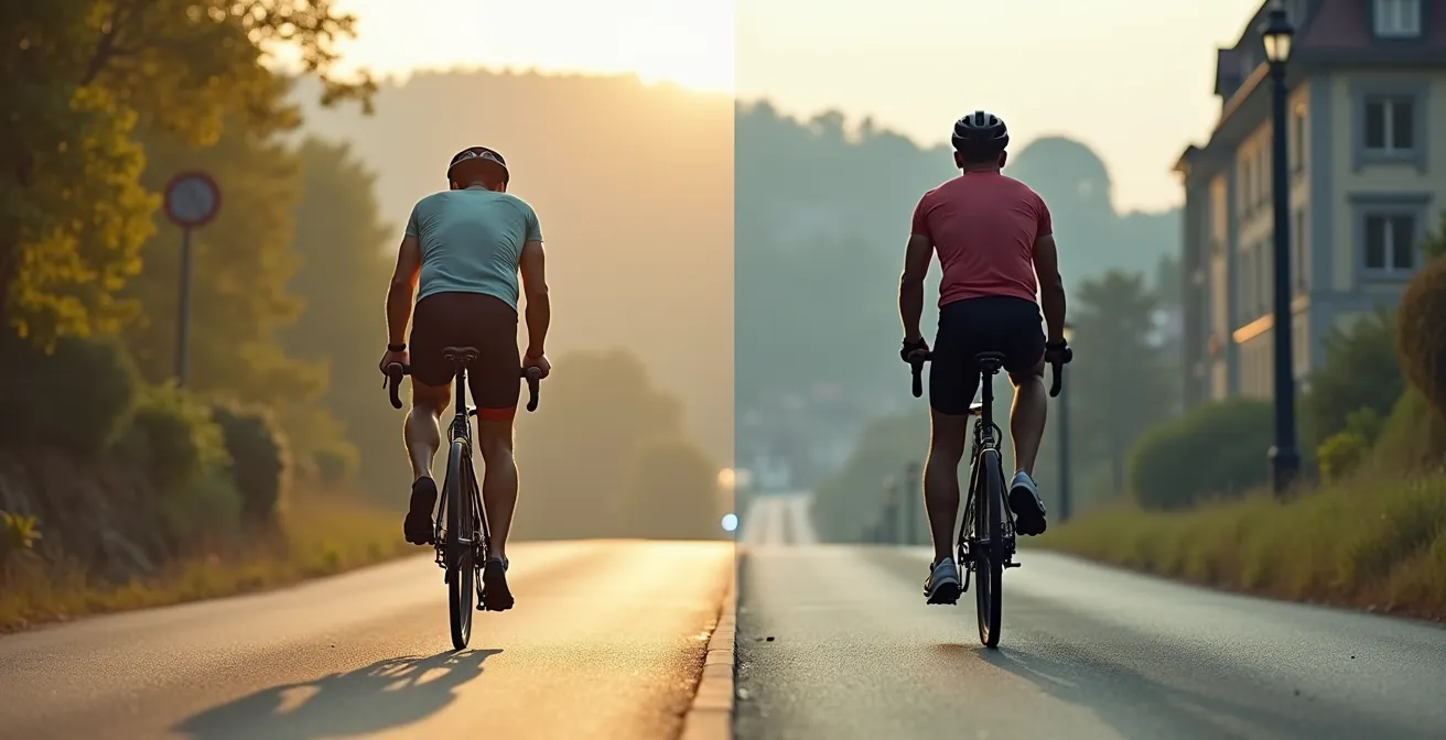 Radfahrer in hügeliger Stadtlandschaft mit E-Bike und Trekking-Rad im Vergleich